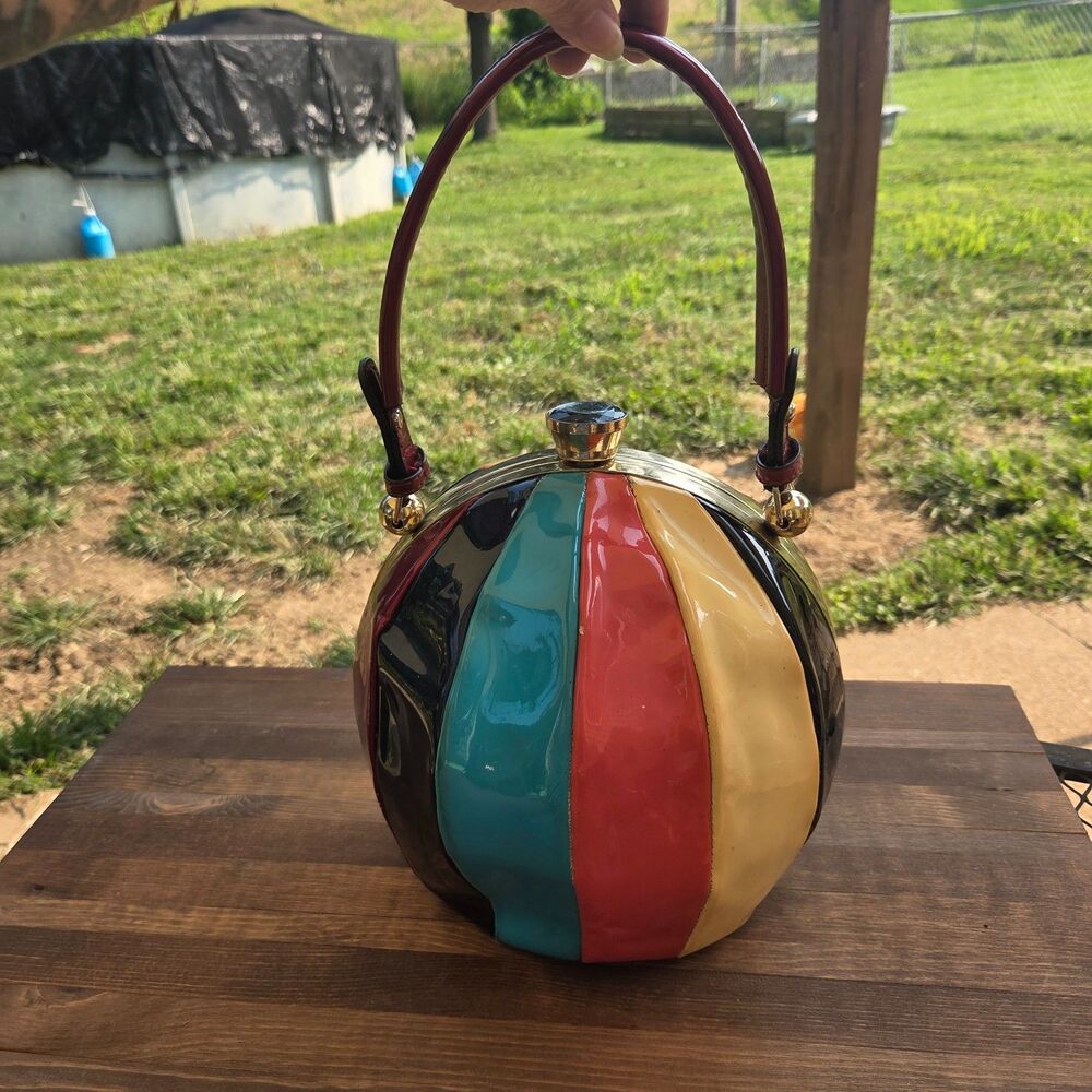 Vintage Rainbow Beach Ball Purse Round Patent Novelty Handbag Y2K